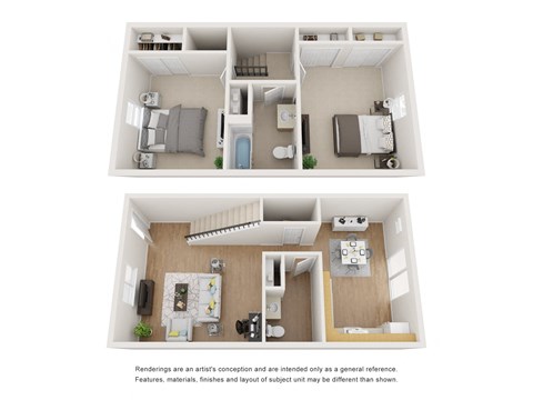 Two Bedroom Two Bathroom split level floorplan at Alder Square Rental Townhomes